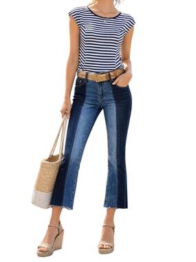 CABI Hi Low Crop Jeans Blue Ribbon Wash Sz 2 High Rise Kick Flare Raw Hem